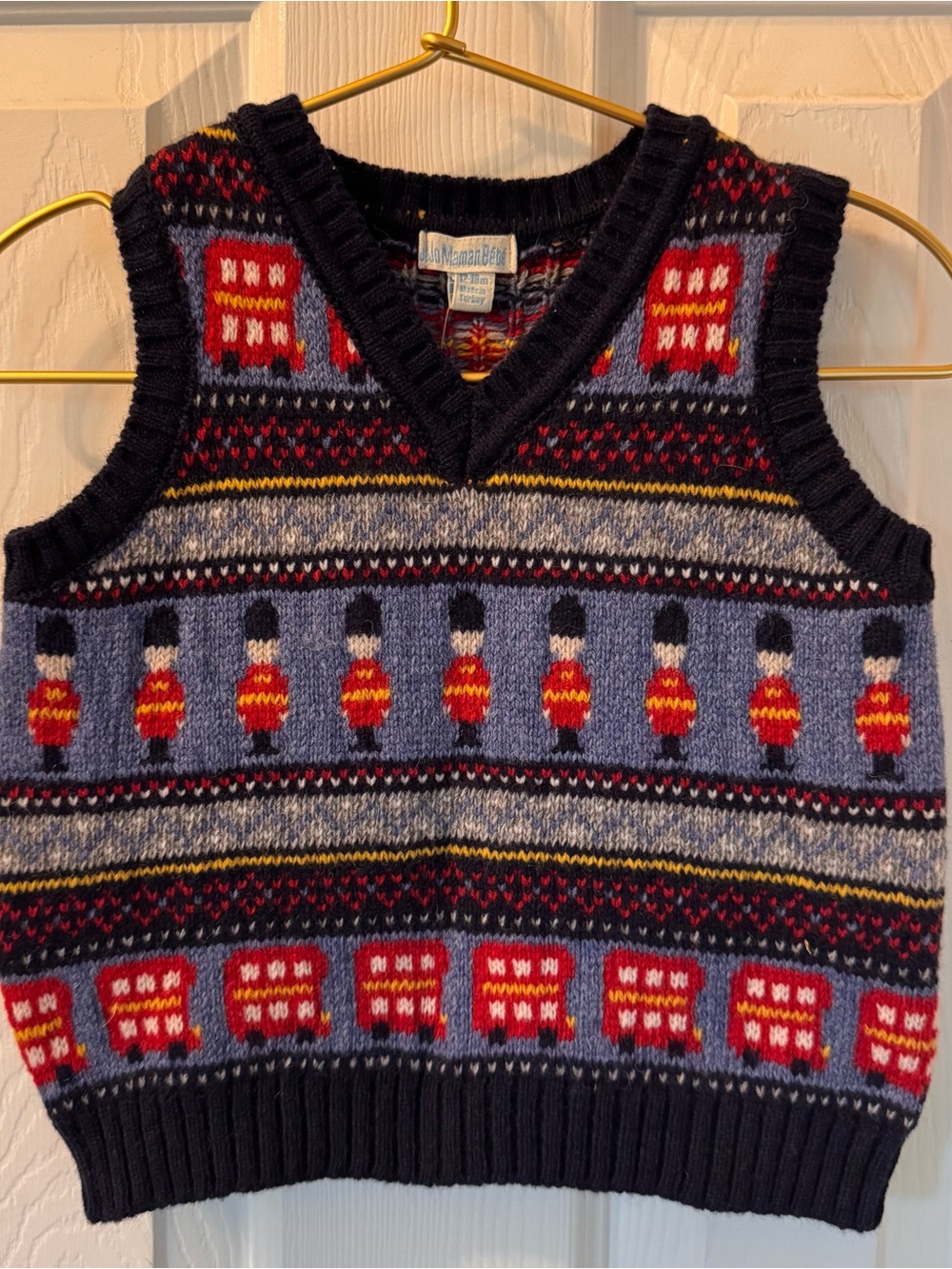 JoJo Maman Bebe Navy Lambswool Knit Vest Lomdon buses Red UK Soldiers Fair Isle